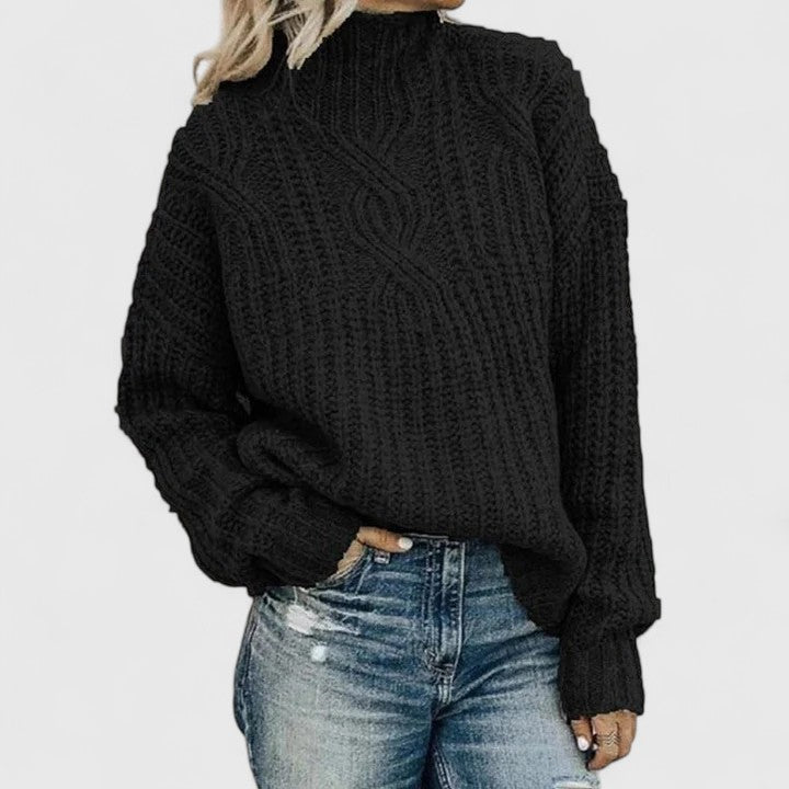 Women's cable knit sweater with mock neck and long sleeves