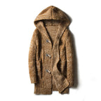 Hooded knitted cardigan with toggle fastenings, long sleeves and front pockets