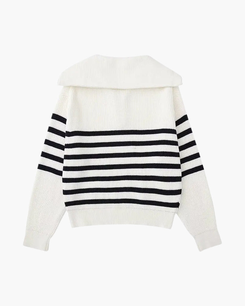 Striped ribbed knit sweater with mock neck and quarter zipper