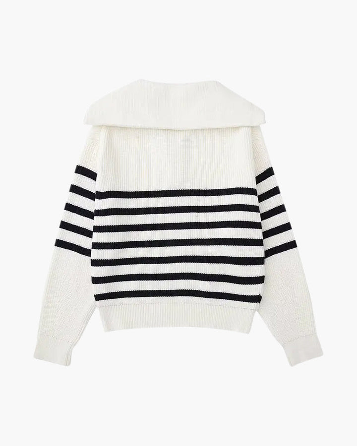 Striped ribbed knit sweater with mock neck and quarter zipper