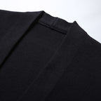 Men's open front cardigan with striped sleeves and patch pockets
