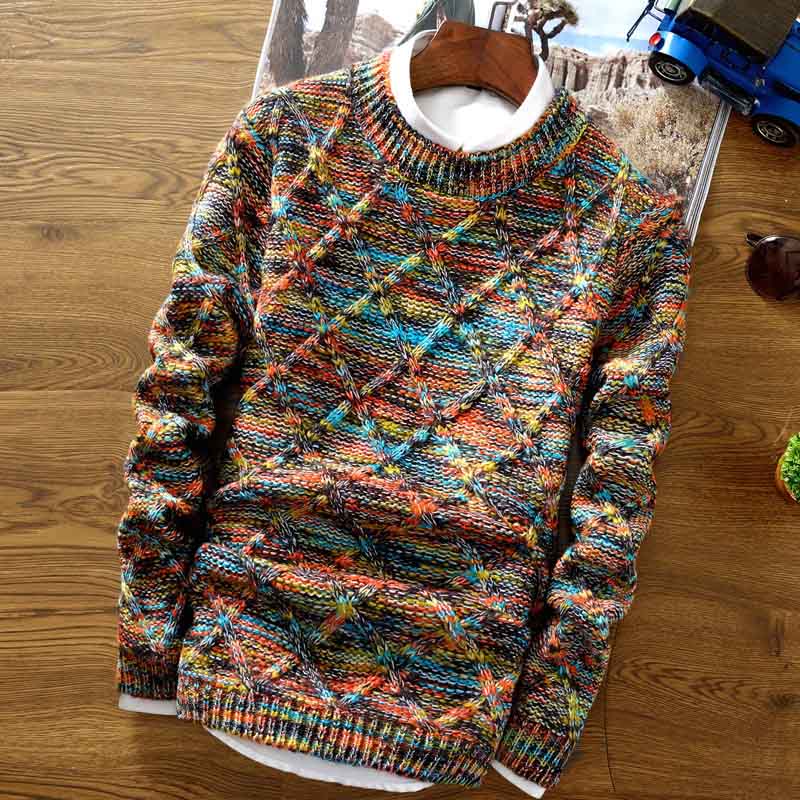 Men's multicoloured geometric knit sweater with crew neckline and long sleeves