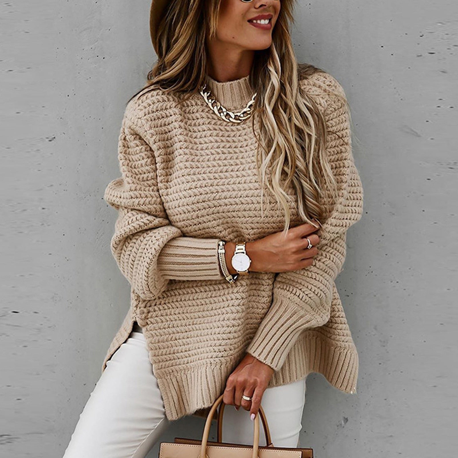 Women's textured mock neck sweater with long sleeves
