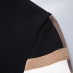 Men's open front cardigan with striped sleeves and patch pockets