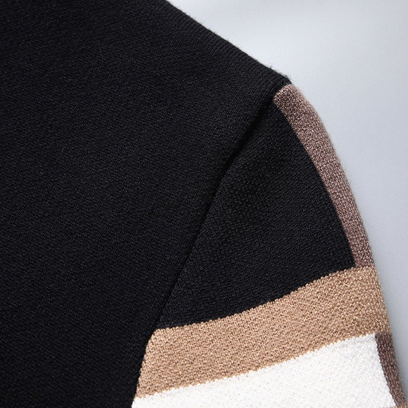 Men's open front cardigan with striped sleeves and patch pockets