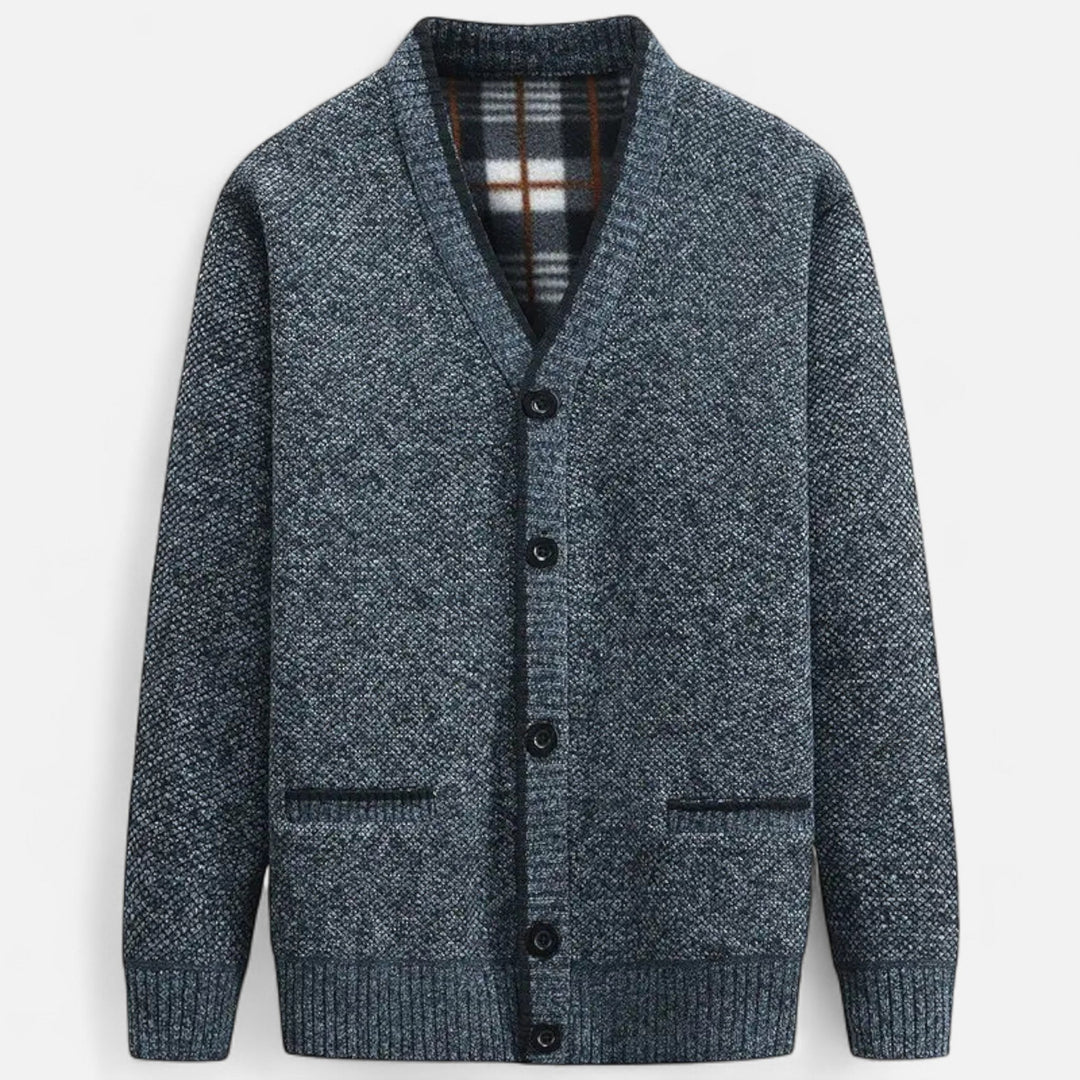 Men's textured knit V-neck cardigan with button front and welt pockets
