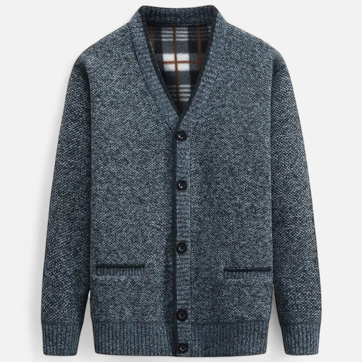 Men's textured knit V-neck cardigan with button front and welt pockets