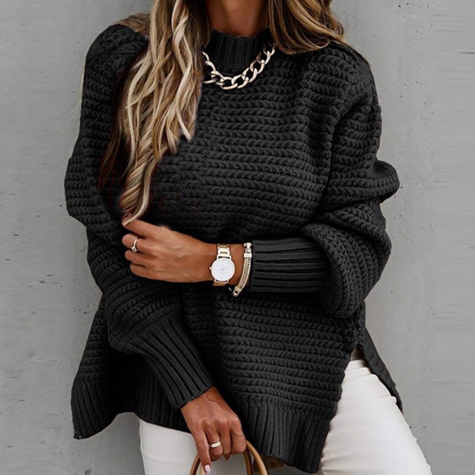 Women's textured mock neck sweater with long sleeves