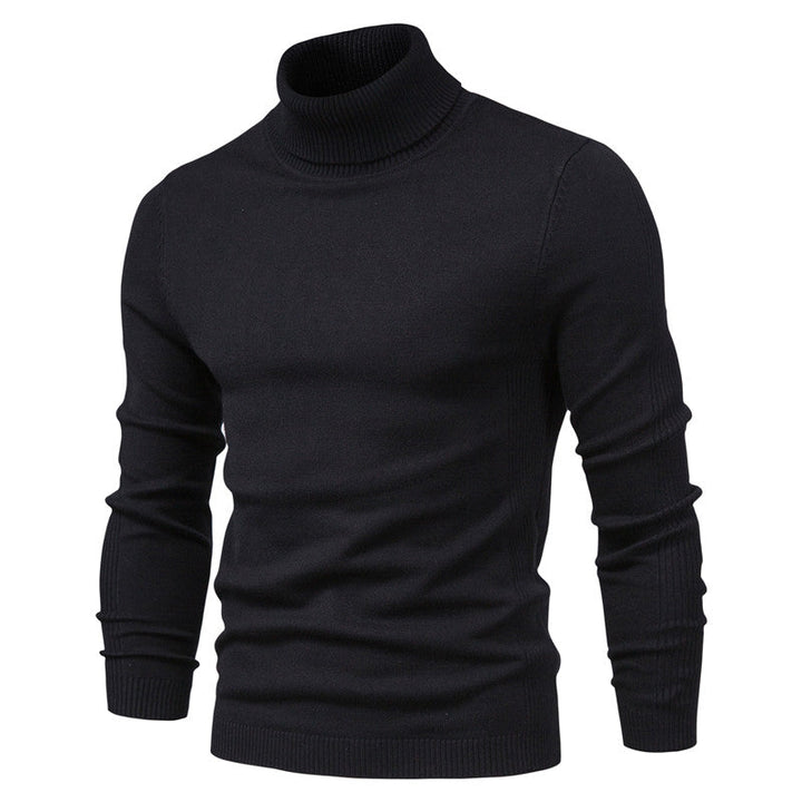 Men's long-sleeve turtleneck sweater with ribbed collar, cuffs and hem