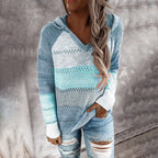 Women's hooded patchwork striped knit sweater