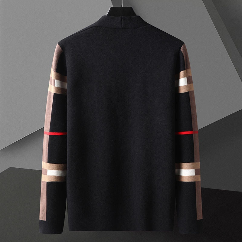 Men's open front cardigan with striped sleeves and patch pockets
