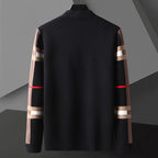 Men's open front cardigan with striped sleeves and patch pockets
