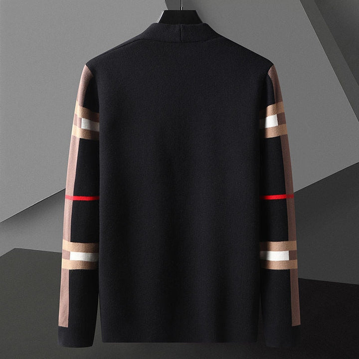 Men's open front cardigan with striped sleeves and patch pockets