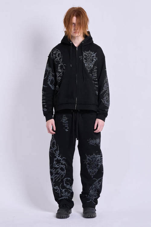 Black graphic zip hoodie with drawstring hood and long sleeves