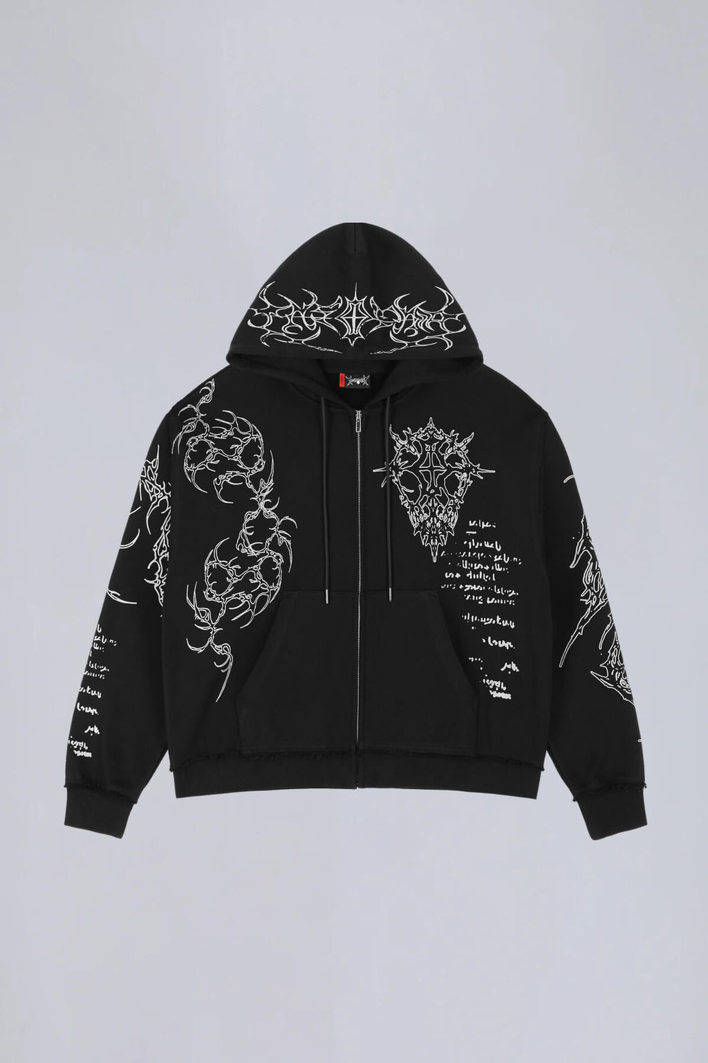Black graphic zip hoodie with drawstring hood and long sleeves