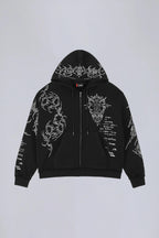 Black graphic zip hoodie with drawstring hood and long sleeves