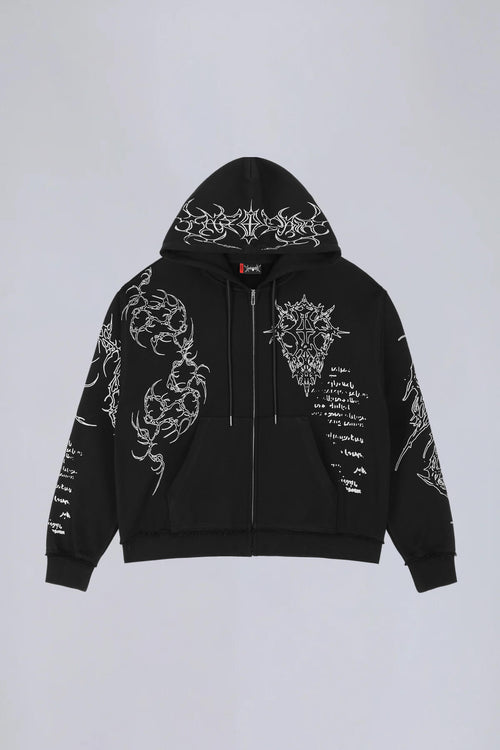 Black graphic zip hoodie with drawstring hood and long sleeves