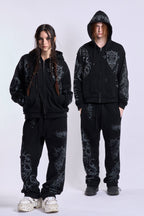 Black graphic zip hoodie with drawstring hood and long sleeves