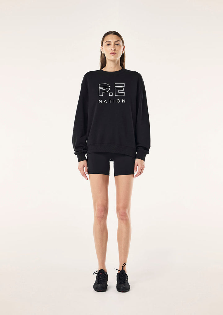 Black women's crew-neck sweatshirt with outlined chest logo