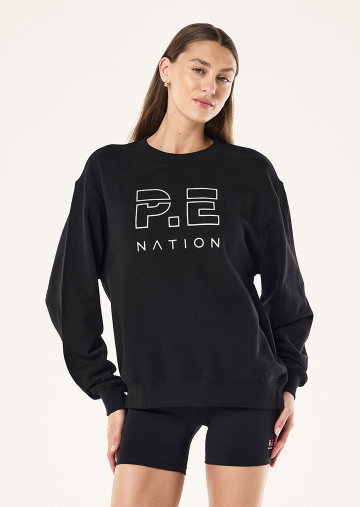 Black women's crew-neck sweatshirt with outlined chest logo