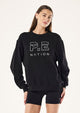 Black women's crew-neck sweatshirt with outlined chest logo