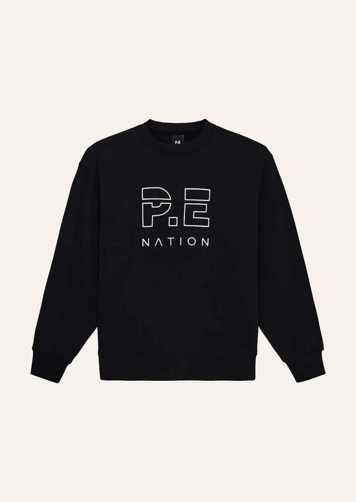 Black women's crew-neck sweatshirt with outlined chest logo
