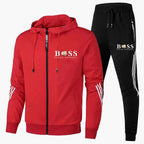 Men's hooded tracksuit with zip jacket and striped joggers