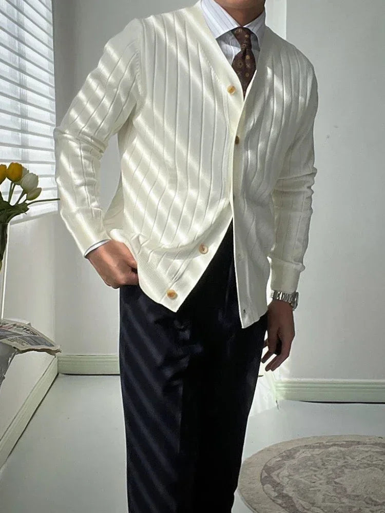Men's V-neck ribbed cardigan with button front