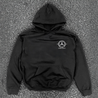 Black hooded hoodie with white Mercedes-Benz Championship chest logo and front kangaroo pocket