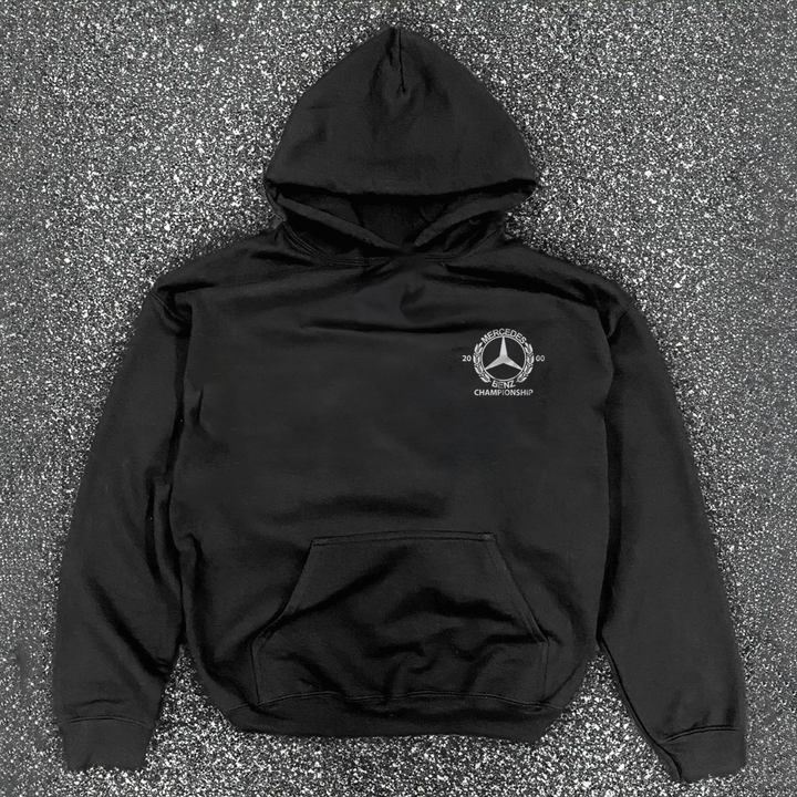 Black hooded hoodie with white Mercedes-Benz Championship chest logo and front kangaroo pocket