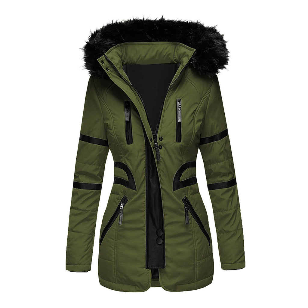 Women's hooded winter jacket with zip front and multiple pockets
