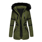 Women's hooded winter jacket with zip front and multiple pockets