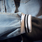 Men's light blue denim jacket with button front and ribbed trims