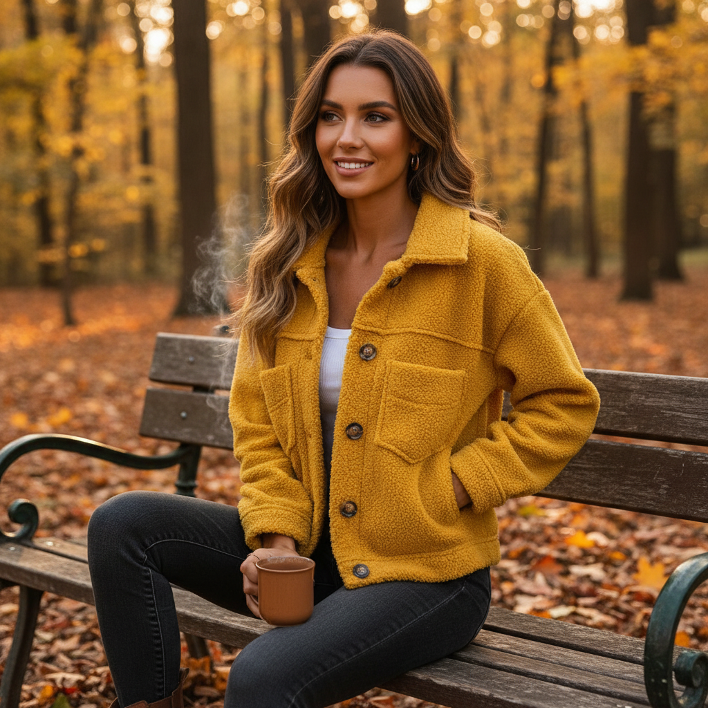 Women's sherpa jacket with button front and multiple patch pockets