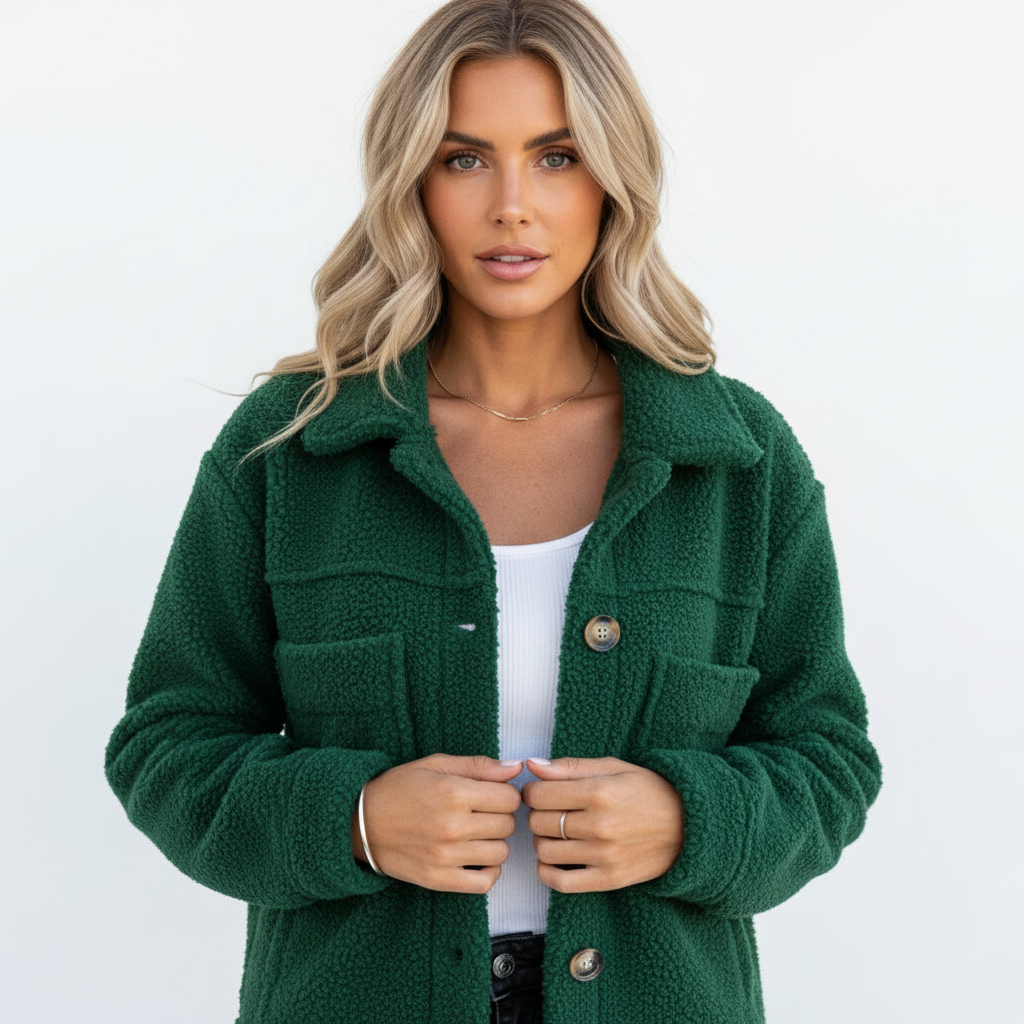 Women's sherpa jacket with button front and multiple patch pockets