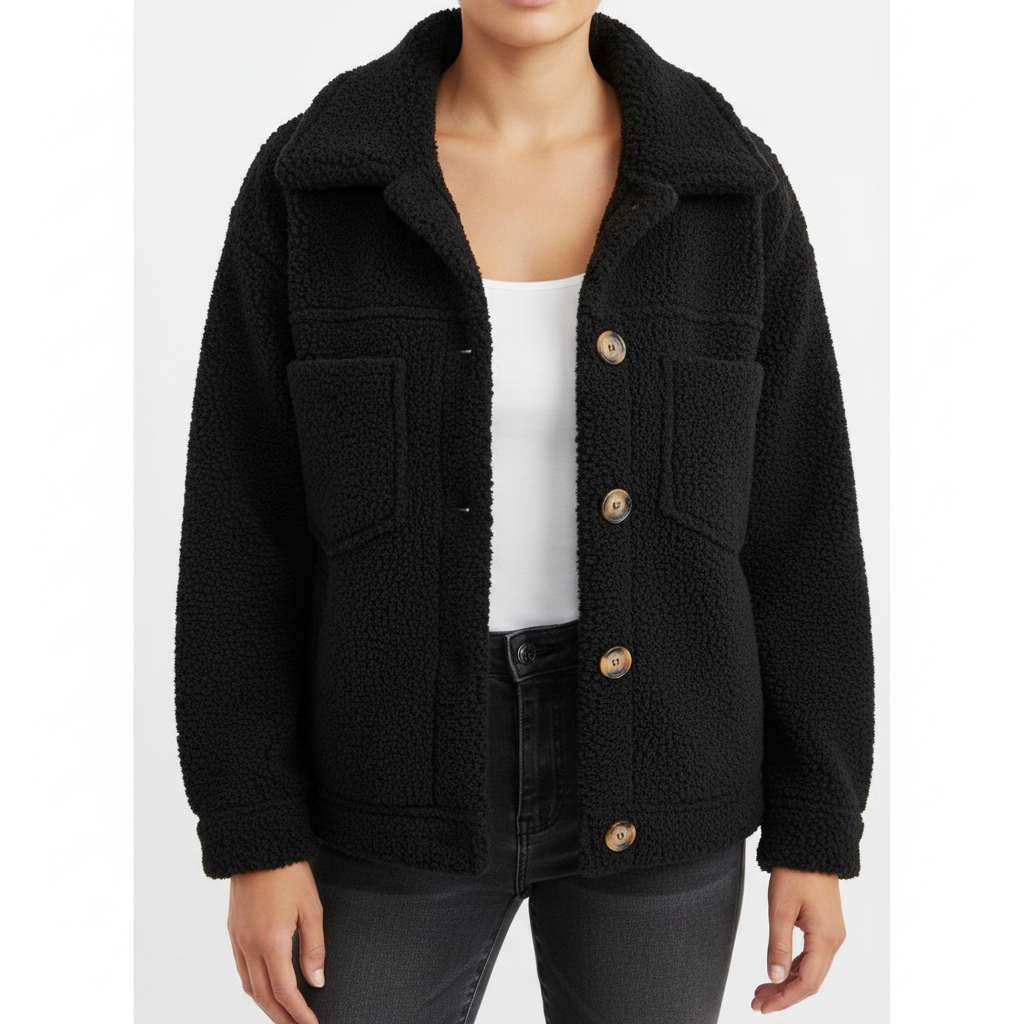 Women's sherpa jacket with button front and multiple patch pockets