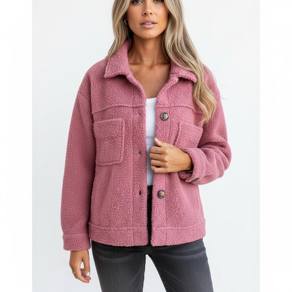 Women's sherpa jacket with button front and multiple patch pockets