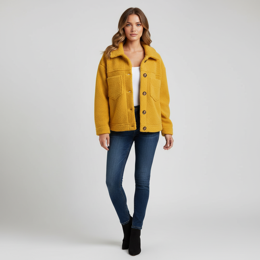 Women's sherpa jacket with button front and multiple patch pockets