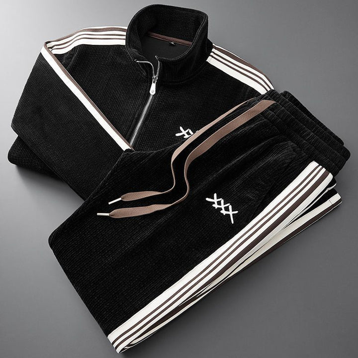 Ribbed unisex tracksuit set with high-neck zip jacket and drawstring trousers
