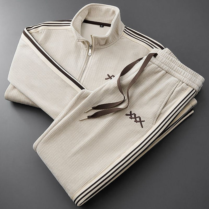 Ribbed unisex tracksuit set with high-neck zip jacket and drawstring trousers