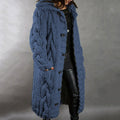 Women's long cable knit hooded coat with button fastening