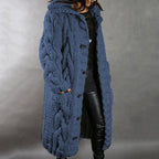 Women's long cable knit hooded coat with button fastening