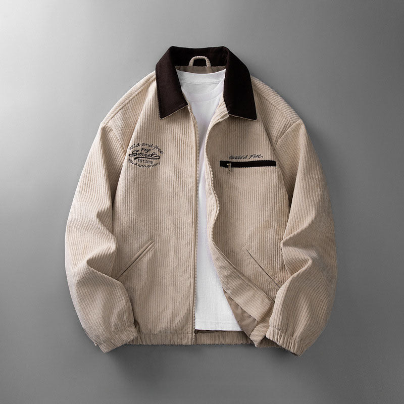Corduroy zip jacket with contrasting collar and front pockets
