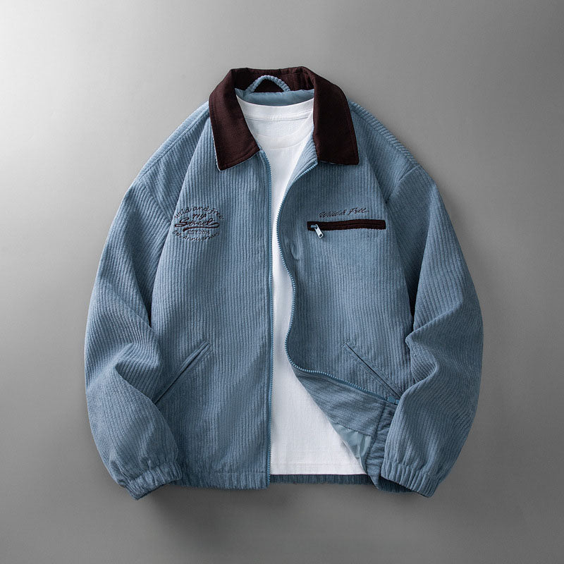 Corduroy zip jacket with contrasting collar and front pockets