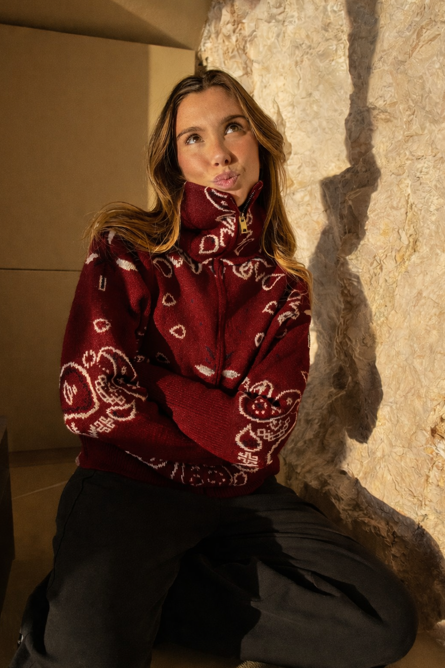 Women's paisley knit cardigan with zip front and high collar