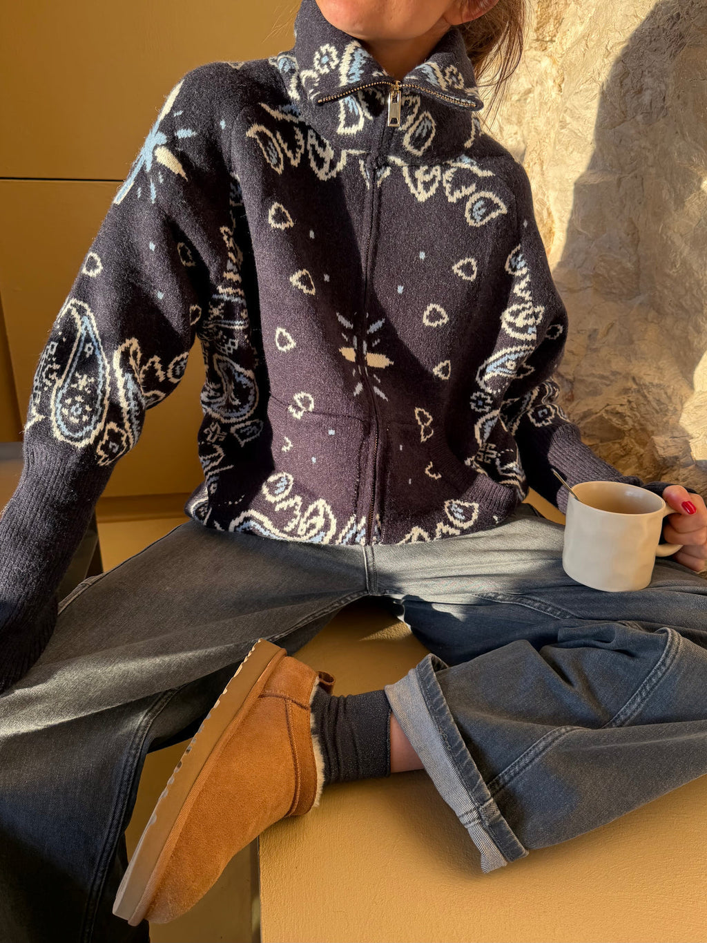 Women's paisley knit cardigan with zip front and high collar