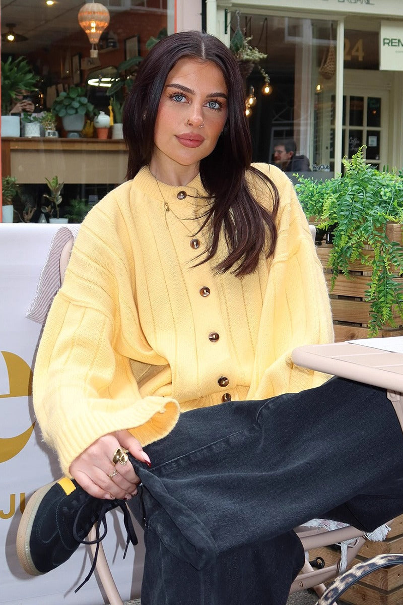 Women's ribbed knit button front cardigan with crew neck and long sleeves