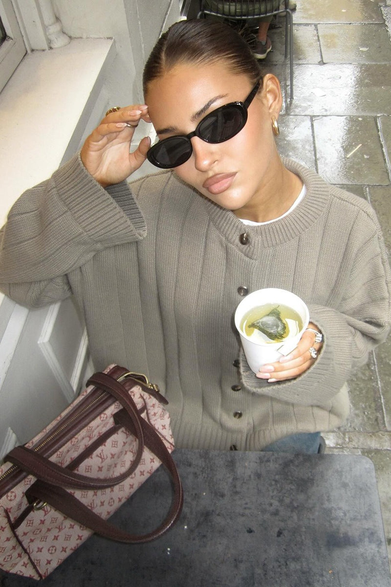 Women's ribbed knit button front cardigan with crew neck and long sleeves