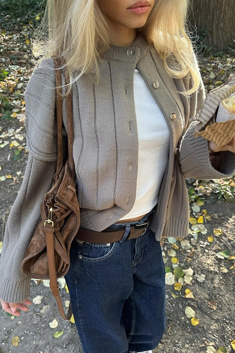 Women's ribbed knit button front cardigan with crew neck and long sleeves