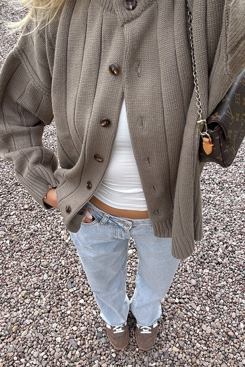Women's ribbed knit button front cardigan with crew neck and long sleeves